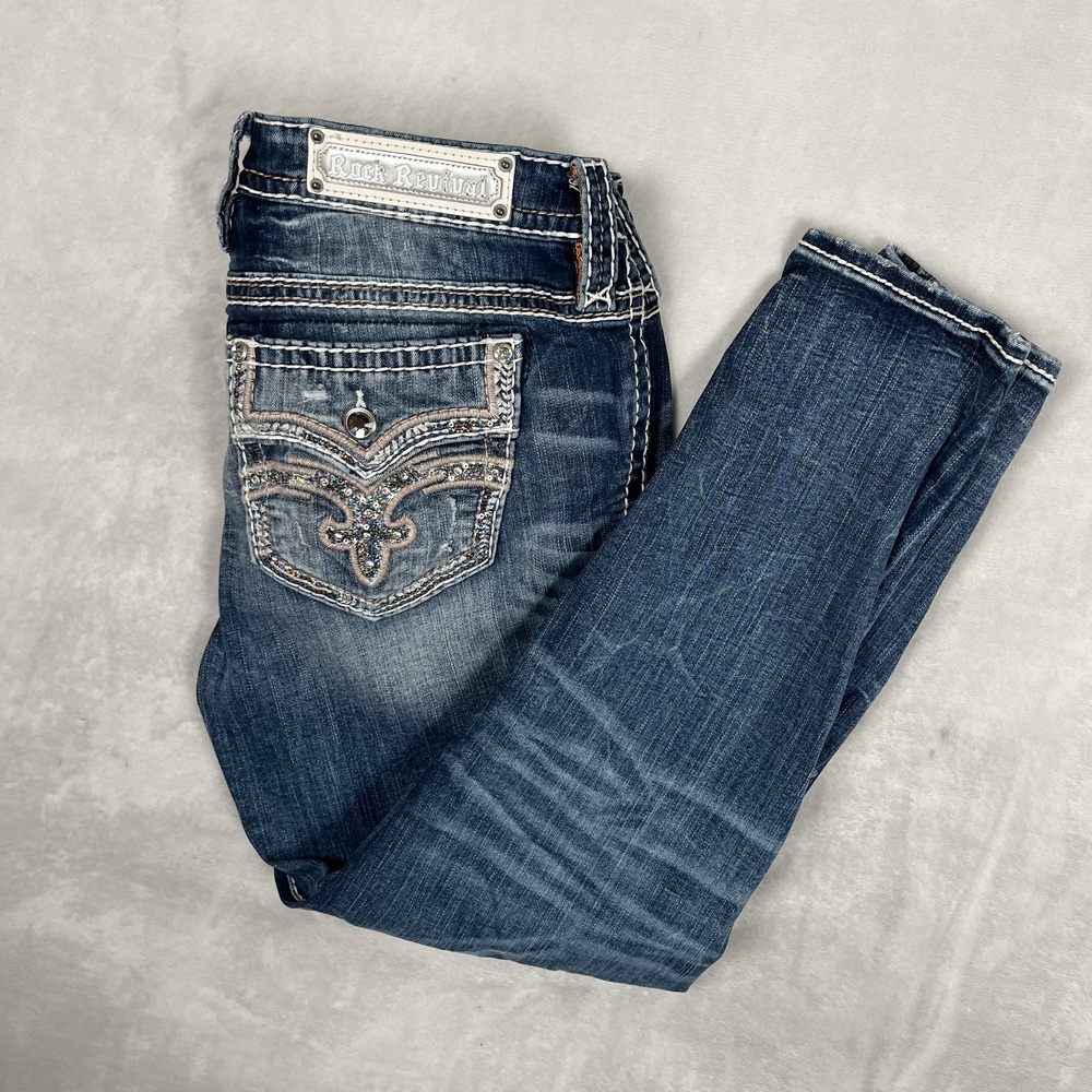 Rock Revival Vien Mid Rise Ankle Skinny Jeans Womens 33 Blue Distressed Denim